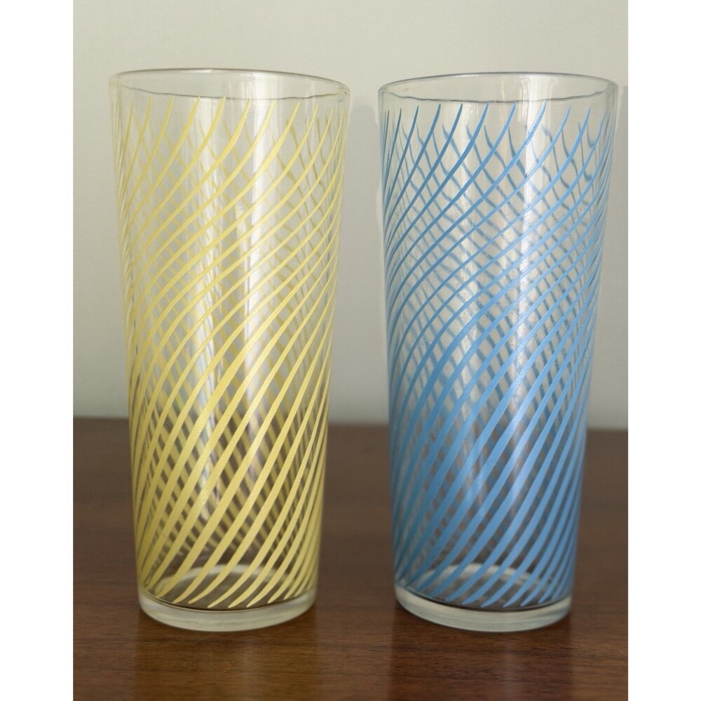 Set of 2 Swirl Stripe Glass Tumblers Blue Yellow 10-18 oz 6 in Vintage